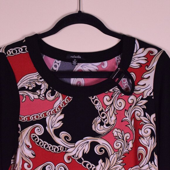 Rafaella Women's Black & Red Linked Scroll 3/4 Sleeve Midi Dress - Size 8 - Picture 2 of 8